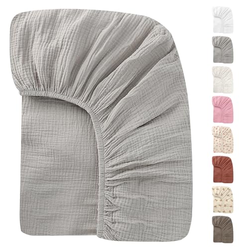 Image of Knirose 52x28 Inches Muslin Crib Sheets Fitted Crib Mattress Sheet for Baby Girls & Boys, 100% Cotton, Soft Boho Neutral Toddler Bedding Bed Sheets Fits Well Standard Size Crib Mattress 28x52 Inches