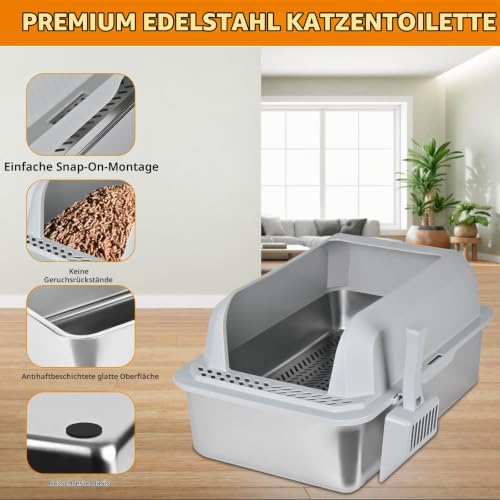 Edelstahl-Wurfkiste, XXL-Sieb-Wurfkiste für Kiefernpellets, Hochseiten-Metall-Wurfkastensystem für Großkatzen mit Kunststoffschaufel &10 Urinpads (8 Inch)