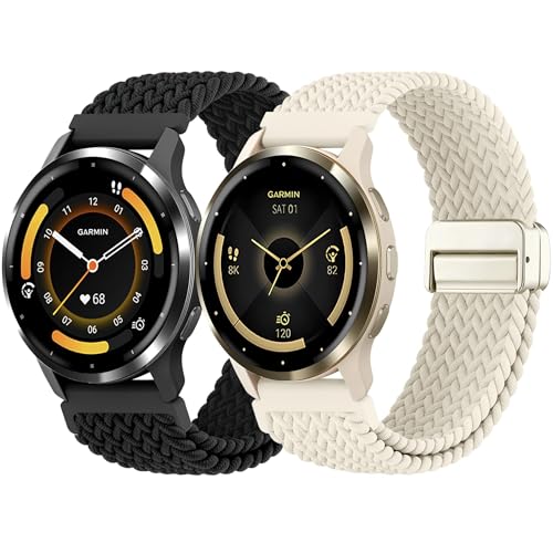 2 Pack Magnetic Braided Compatible with Garmin Venu 3S/Venu 4(41mm)/2S/Vivoactive 4S 18mm Stretchy Soft Nylon Bands Quick Release Replacement Watch Strap for Forerunner 255S/265S Women Men