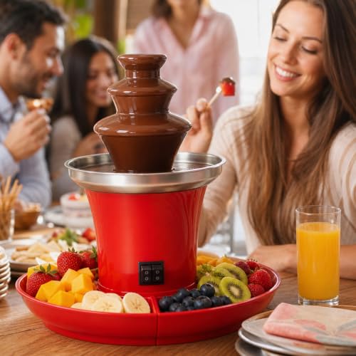 Foto von Schokoladenbrunnen mit Obstplatte, Elektrisch Schokolade Brunnen, 3 Etagen Schokobrunnen, Schokobrunnen Klein für Partys, Weihnachten, Silvester, 200ML, 35W
