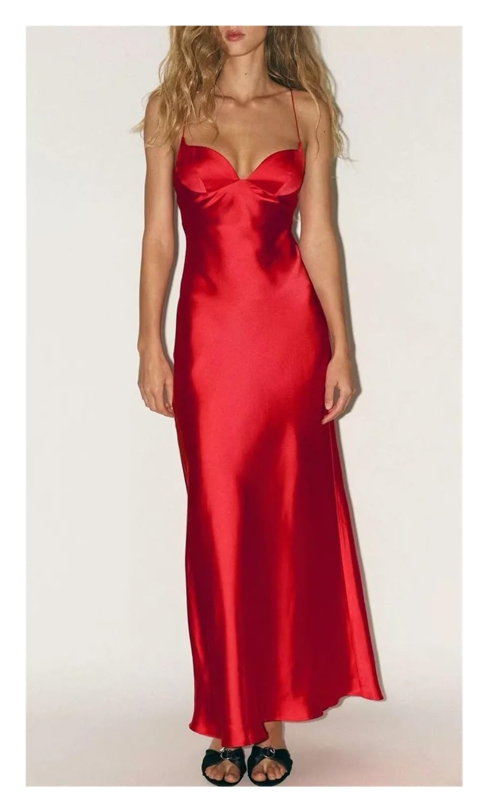 Fond De Robe Femme Robe mi-longue d'été en satin de soie rouge for femme, tenue sexy à bretelles décolletées V profond