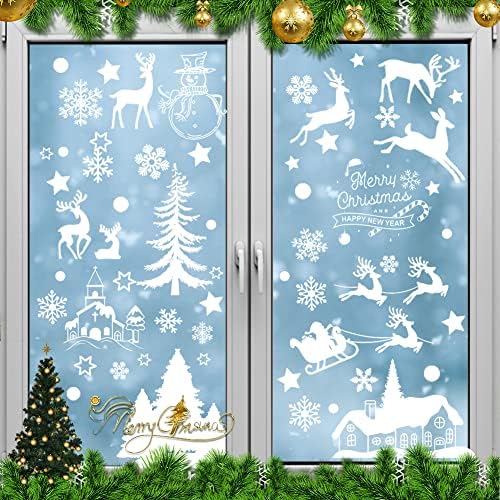 XAVSWRDE 9 Sheets Christmas Window Stickers Xmas Window Clings Decoration White Christmas Window Decals Reusable Static PVC Stickers Snowflake Reindeer Snowman Xmas Tree Christmas Clings for Decor