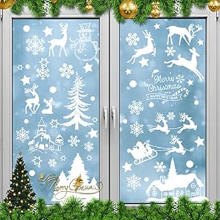 XAVSWRDE 9 Sheets Christmas Window Stickers Xmas Window Clings Decoration White Christmas Window Decals Reusable Static PVC Stickers Snowflake Reindeer Snowman Xmas Tree Christmas Clings for Decor