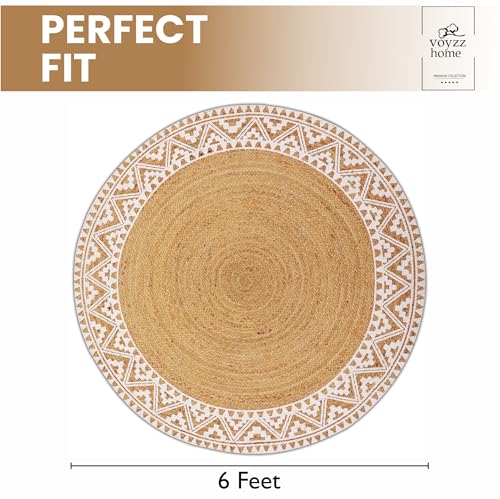 Image of voyzz home Premium Natural Jute Braided Area Rug, 6-feet Round, White Printed Border, Stain Resistance, Natural Handmade Rug for Entryways, Living Room, Dining Room, Bedroom, Farmhouse, Kitchen
