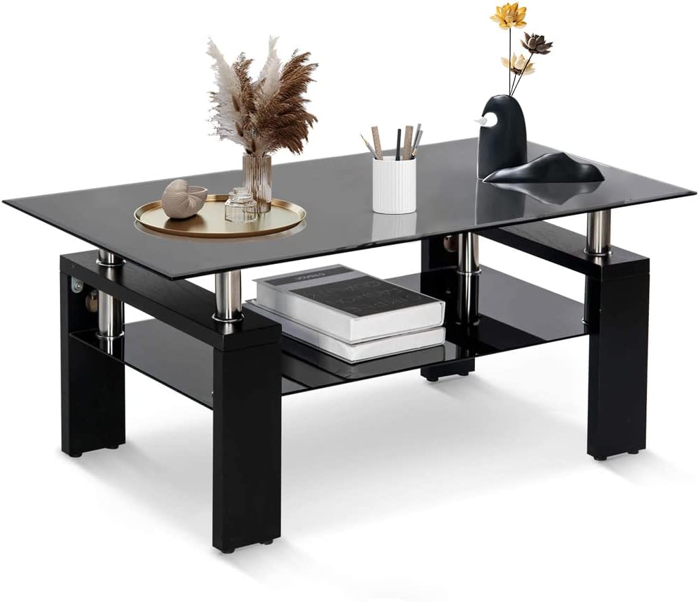 Amazon.com: Comft Rectangle Glass Coffee Table, 2-Tier Center Table ...
