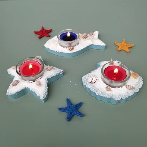 4Pcs Tealight Candle Holder Set Nautical Decor | Boat Fish Shell Starfish Shape | Resin Tealight Holder Mediterranean Style For Beach Wedding Centerpieces, Home Decor, Housewarming, Unique Gift #TOP2