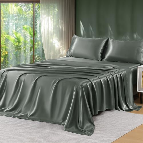 Sasttie Satin Sheets Dark Grey Twin XL - 3 Pieces Luxury Soft Dark Grey Silky Bed Sheets Set with Pillowcases - Smooth Silk-Like Satin Fabric, Reinforced 14 Inches Pocket, Oeko-Tex Certified