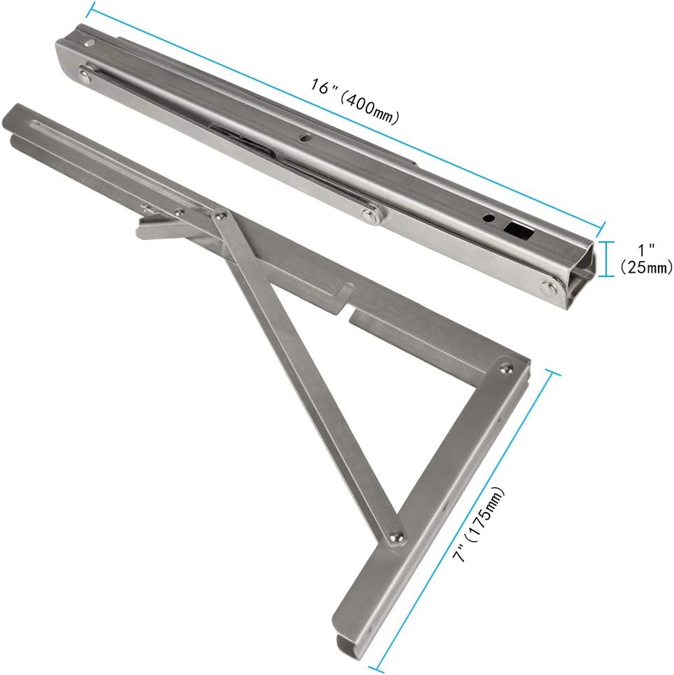 Folding Shelf Brackets 2 Pack,Heavy Duty Triangle Shelf Bracket for Bench Table,Wall Mounted Standing Shelf Brackets for Saving Place,Multi Size, Max Load 400lb (16", 304 Stainless Steel)