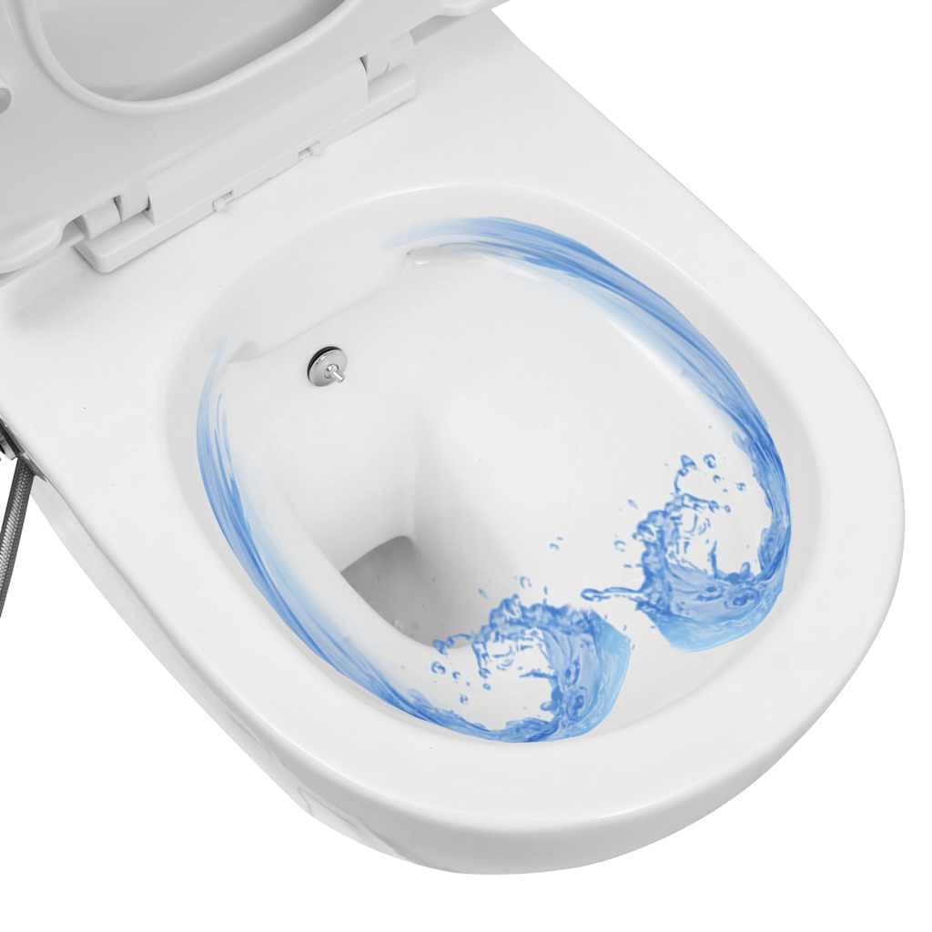Toaleta ścienna bez krawędzi z białym ukrytym ceramicznym zbiornikiem, miękkie zamknięcie, ekonomiczne podwójne spłukiwanie 3-4,5L/6-9L, toaleta z wbudowaną dyszą bidetową, powierzchnia