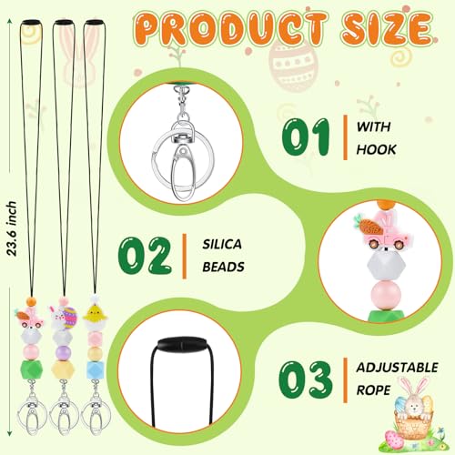 Qilery 3 peças de cordão de silicone com contas de 43 cm cordão de crachá de identificação com conta