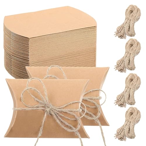 100 cajas de dulces de regalo de boda, caja de regalo de almohada vintage con 40m cuerdas de yute para decoración de bodas y cumpleaños