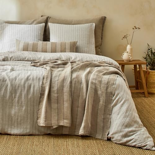 Image of mixinni 3 Piece Striped Duvet Cover Set, Neutral Washed Cotton Linen Blend Bedding, Vintage Stripe Comforter Cover with 2 Pillowcases, Soft Breathable Farmhouse Bed Set for All Season-Queen Size