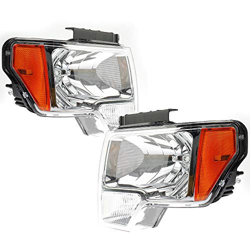 Headlights Assembly Kit for 2009 2010 2011 2012 2013 2014 for Ford F150 Headlights Assembly Passenger & Driver Side Chrome Housing Clear Lens Set Headlamps