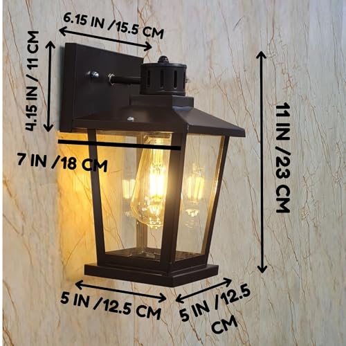 Image of GreyWings Classic Outdoor Wall Light for Home, Brown Metal Frame with Glass, E27 Big Threaded Holder, Wall Lamp, Pack of 2