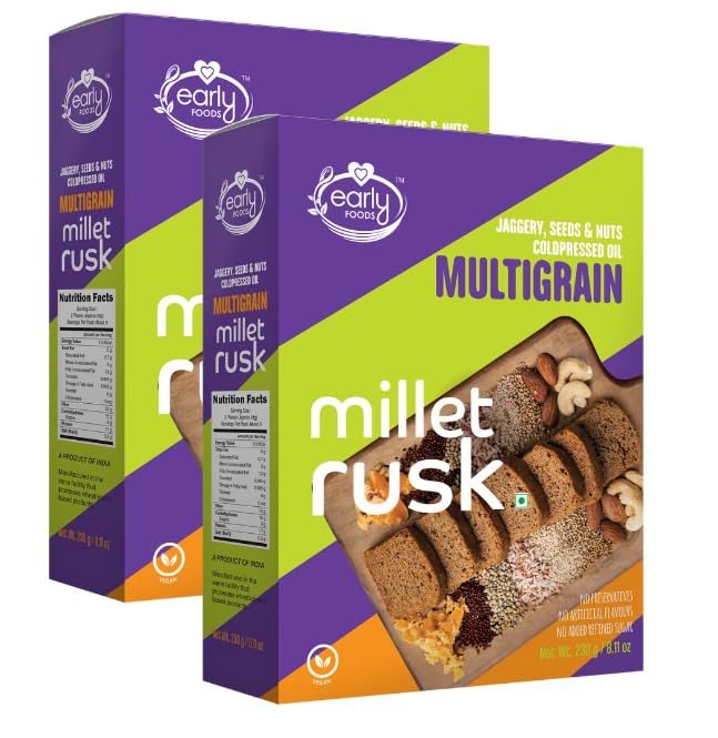 Early Foods - Pack of 2 : Mulitgrain Rusks | Millet Rusk Sugar Free | No Maida Rusk | Rusks for Kids | Millet Toast Biscuits Rusk 230g x 2