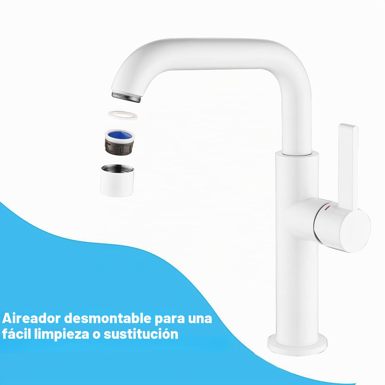 ONECE Grifo de Lavabo Alto Blanco, Mezclador Baño para Encimera | Giratorio a 360°, Grifería Monomando de Acero Inoxidable 304, Aireador Extraíble, Agua Fría y Caliente