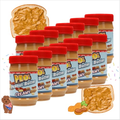 PEO's 12 x 510 g de mantequilla de cacahuete cremosa, mantequilla de cacahuete natural de granos de cacahuete tostados, delicioso cacahuete con sabor completo y cremoso, paquete de 12 unidades