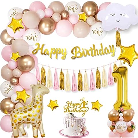 1st Birthday Decorations for Girls Pink Gold Birthday Balloons, First Birthday Decorations Girl, Happy Birthday Banner Number 1 Balloon, Pink White Balloons for Baby Girl 1st Birthday Party Supplies Cover