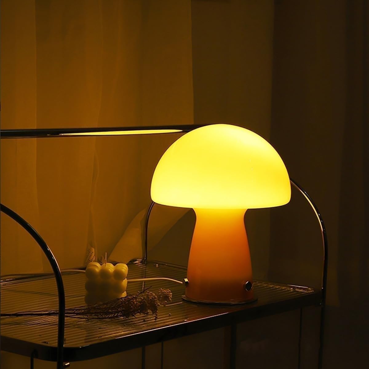 DFAEEKIYO Standing Lamp Mushroom with Caramel Lampshade Art Glass Desk Light Chrome Base Dimmable Nightstand Lamps for Living(Oranges)