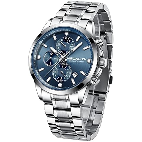 MEGALITH Silver Watch for Men Classic: Stainless Steel Watches for Men with Blue Dial - Luxury Watches for Men - Luminous Men's Wrist Watches for Casual Dress Cover