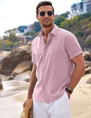 Image of COOFANDY Men's Linen Shirts Short Sleeve Casual Shirts Button Down Shirt for Men Beach Summer Wedding Shirt