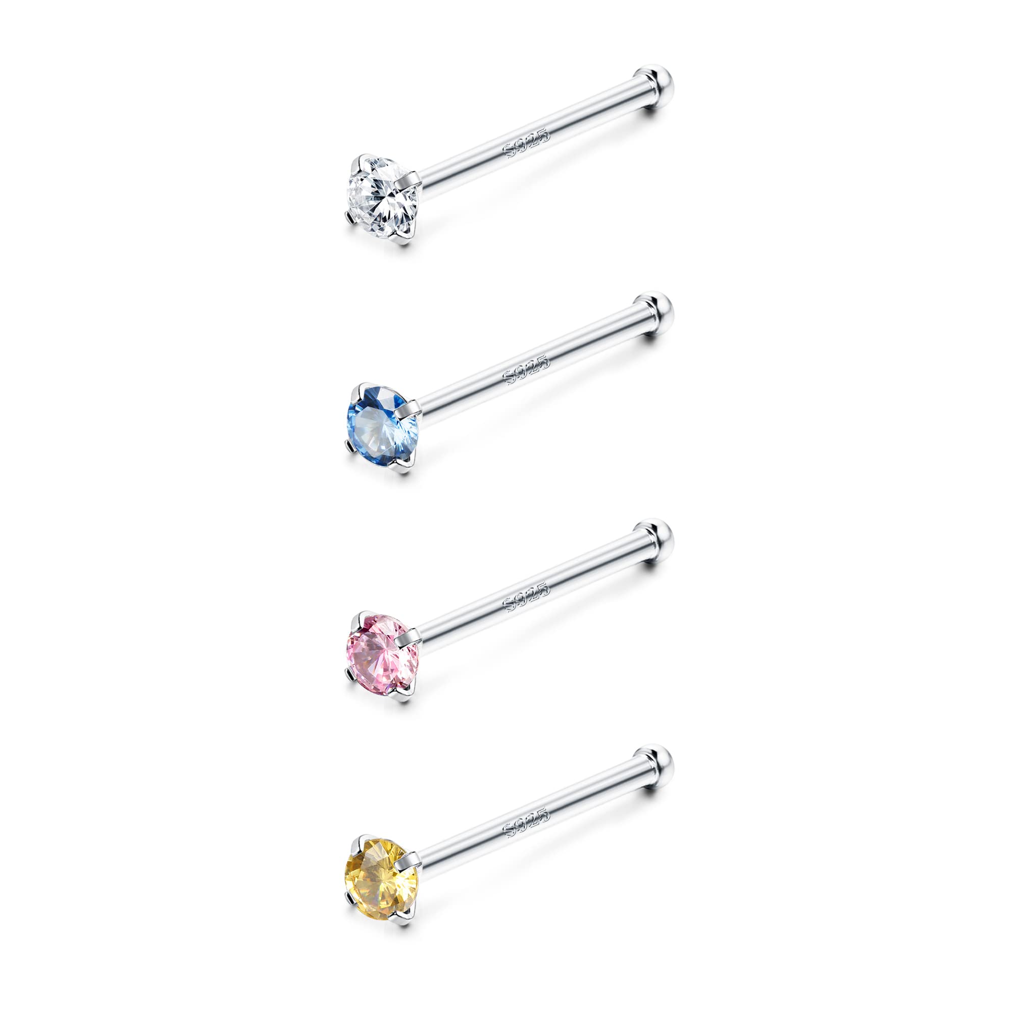 Sllaiss20G 925 Sterling Silver Nose Rings Studs for Women Men Mix 4Pcs Colour Cubic Zirconia Nose Studs Bone Nose Rings Set Small Nose Piercing Jewelry Set 1.5-2MM