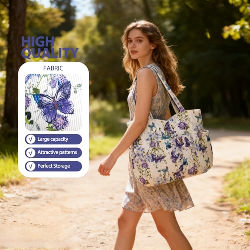 Corduroy Tote Bag for Women, Large Capacity Cute Tote Bags With 6 Pockets, Laptop Tote Bag Crossbody Shoulder Handbag Teacher Nurse Bags for Work Travel Gym(Purple Butterfly) - image 6