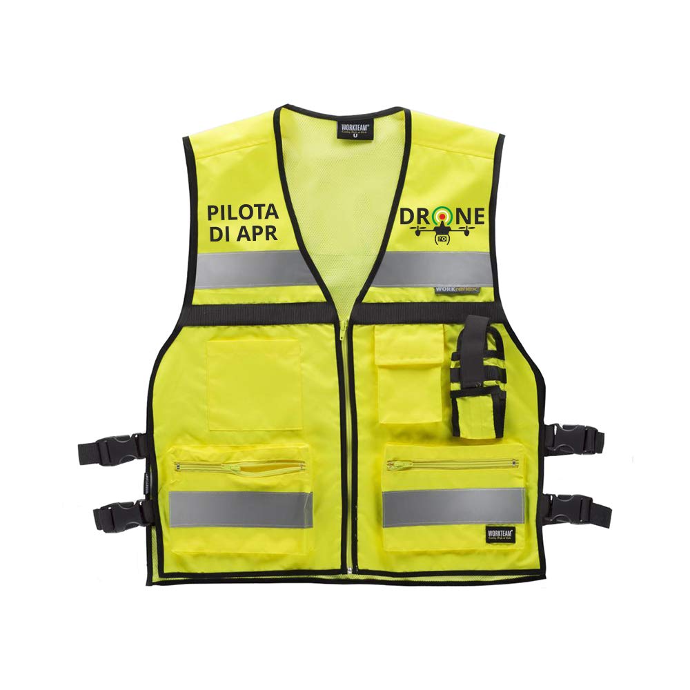 Fashion Graphic Gilet Multitasche Serie Professionale Pilota di Apr Drone Operatore Assistente Tecnico Video Sapr Alta Visibilità Catarifrangente Conforme Enac (Giallo Pilota di Apr)