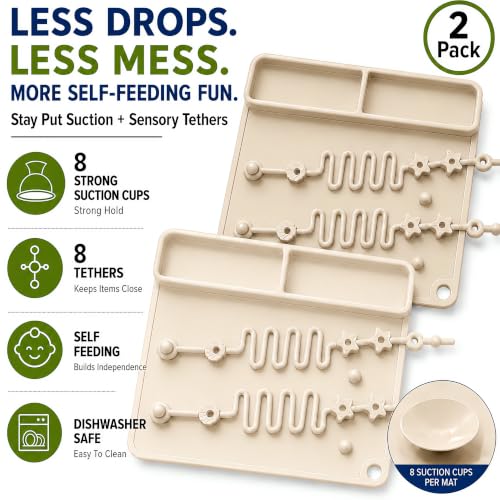 2 Pack Baby Silicone Mat with Suction Base & 8 Stretchable Straps, Lovbaby Baby Placemats, Portable Anti-Drop Activity Mat for High Chair & Table, Keeps Pacifiers & Toys Clean (Cream+Light Grey) — view 3