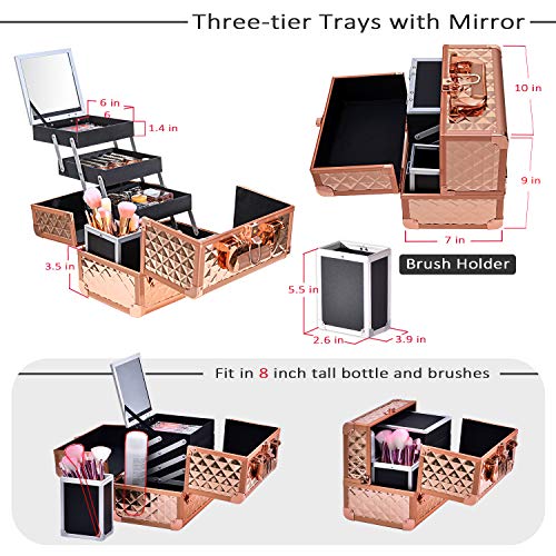 Joligrace Makeup Train Case Cosmetic Box 10 Inches Jewelry Organizer Professional 3 Tiers Trays With Mirror And Brush Holder Lockable Key Portable Travel - Rose Gold #TOP6