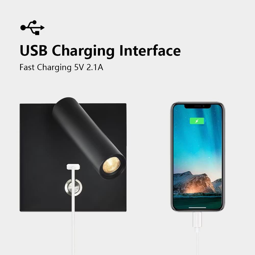 Lámpara de lectura de pared, luz de lectura para leer en la cama, aplique de pared LED de 3 W con interruptor y puerto de carga USB, luz cálida de 3000 K para leer, estudiar, junto a la cama, luces d