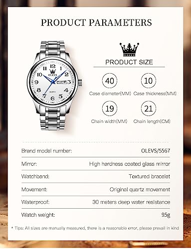 Image of OLEVS Mens Watch Stainless Steel Analog Quartz Watches for Men Day Date Easy Read Diamond Waterproof Dress Luxury Classic Casual Big Face Blue /Black /Gold /Silver Roman Arabic Numerals Men's Wrist Watch