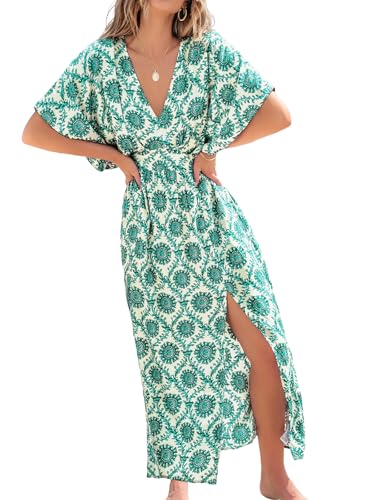 Image of CUPSHE Women's Summer Boho Maxi Dress Paisley Floral V Neck Smocked Dress Beach Vacation Slit Hem Flowy Dress with Pockets