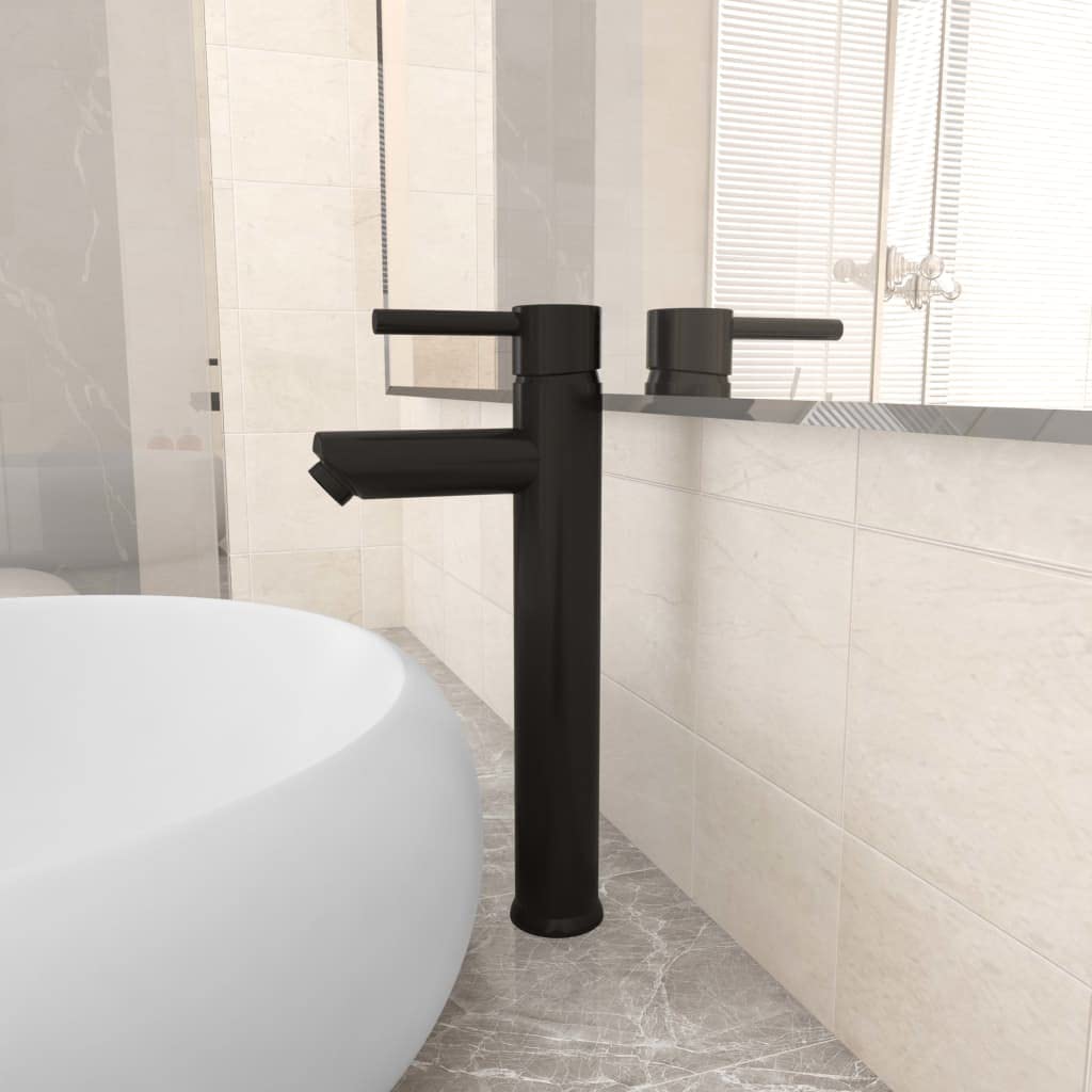 Grifo mezclador de baño negro 12 x 30 cm monomando para lavabo, cartucho cerámico de 40 mm, con mangueras flexibles de acero inoxidable, montaje en pared para agua fría y caliente