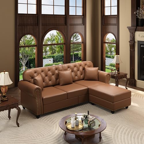 Image of KEIKI 83 inch Faux Leather Chesterfield Sofa with Rolled Arms & Nailhead Trim & 3 Ottoman, 3-Seater Button Tufted Couch with High Resilience Cushion & 3 Pillow, Easy Assembly, for Living Room, Brown