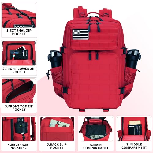 Lovelinks21 Taktisches Sturmgepäck, 45 l, 3-Tages-Militärgepäck mit Molle, wasserdichter Rucksack für taktische Rucksäcke, Rot/Ausflug… – Ansicht 2