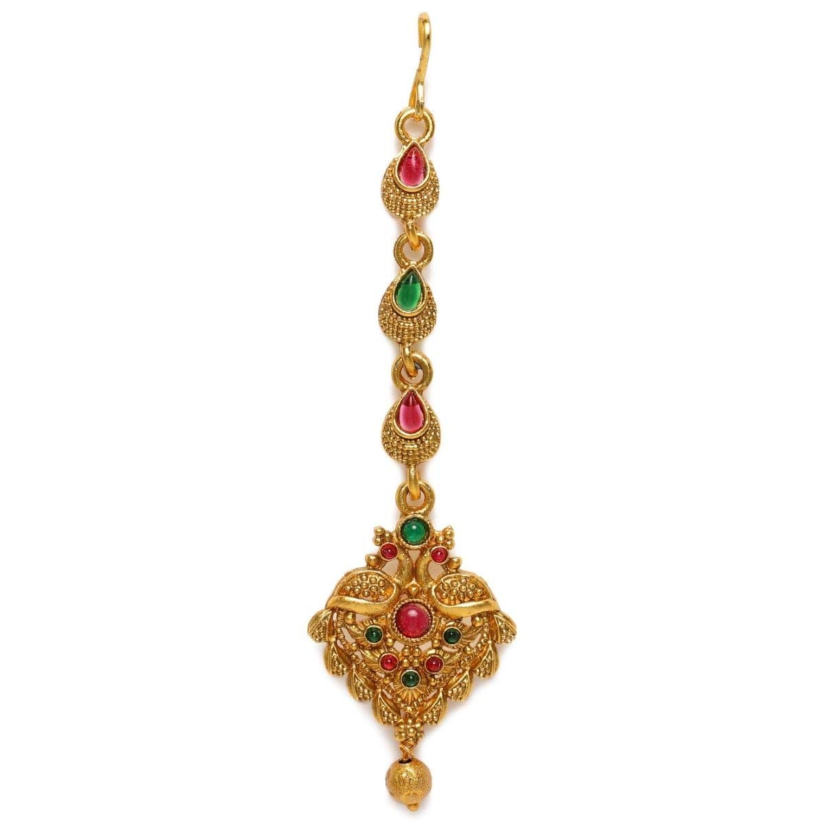 Accessher Matte Gold Plated Traditional and Ethnic Ruby and Emerald Embedded Peacock Design Delicate Maang Tikka/Maang Tika for Women and Girls Pack of 1