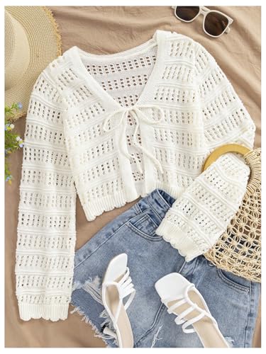 Image of WDIRARA Women's Hollow Out Tie Front Cardigan Long Sleeve V Neck Sweaters Crochet Knit Crop Top