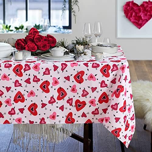 SARAFLORA Valentine's Day Table Cloth Hearts and Arrows- Rectangle Tablecloth 60x102 Inch- Stain and Water Resistant Table Cover for Anniversary/Valentine/Party/Wedding Decoration Use, Red & White
