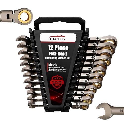 Image of EACELIY 12PCS 180 Metric Flex-Head Ratcheting Wrench Set,Ratchet Combination Master Speed Wrenches,72-Teeth,8-19mm,CR-V Steel,with Rack Tray Organizer