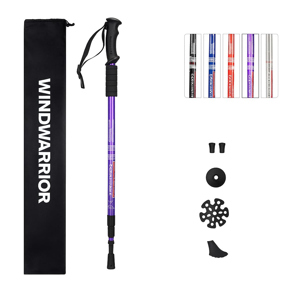 WINDWARRIOR Foldable Trekking Poles – Shock Absorbing Lightweight Walking Sticks for Hiking, Climbing & Trekking – Adjustable Aluminium Poles with All-Terrain Attachments & Bag (Purple, Single)-image-7
