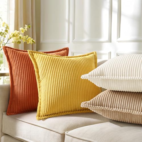 decorUhome Fall Corduroy Mustard Yellow Throw Pillow Covers 12x20 Set of 2 Decorative Soft Boho Striped Lumbar Neutral Euro Farmhouse Couch Pillow Cases with Broadside for Living Room Bed Sofa