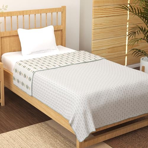 Image of Story@Home Dohar Single Bed Cover Cotton 100% | 150GSM 144 x 220 CM Quilt AC Blanket for Summer | AC Comforter Double Bed | White & Green, Motif Reversible Design Duvet | All-Season Blanket