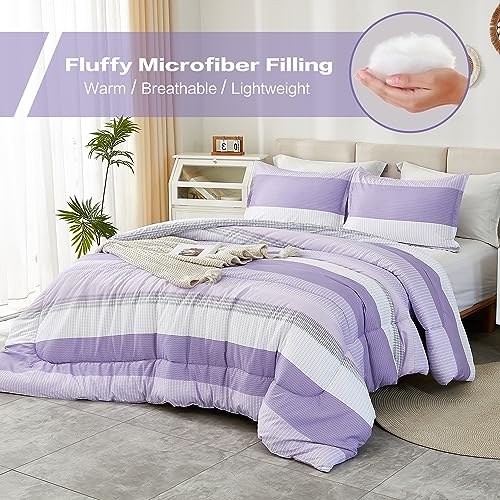 Litanika Lavender Comforter Set King - 3 Pieces Lightweight Lavender Purple White Colorblock Stripe Fluffy Bedding Comforter Sets, All Season Bed Set
