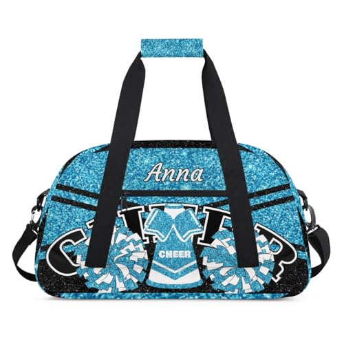 Custom Cheer Sport Gym Bags, Personalized Name Overnight Duffel Bags for Boys Girls Weekender Bag Dance Travel Tote Bags, Glitter Light Blue