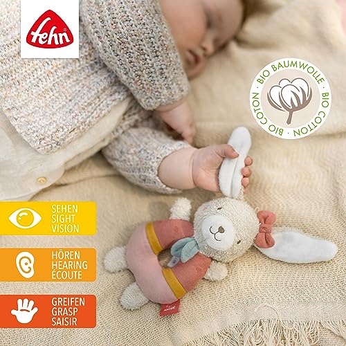 Fehn Baby Ring Greifling Hase fehnNATUR - Kuscheltier aus Baumwolle aus biologischem Anbau - Babyspielzeug mit Rassel zum spielerischen Lernen - Greif Spielzeug für Babys & Kleinkinder ab 0+ Monaten