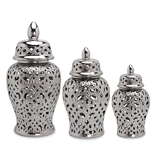 Robmet Porcelain Ginger Jar For Home Decor, Decorative Jar Vase Ceramic Temple Jar With Lid, Chinese Carved Lattice Vase Gift Jars From Jindezhen (Color : Silver, Size : Large) #TOP1