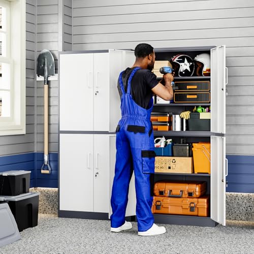 Image of Yizosh Metal Storage Locking Cabinet with 4 Doors and 2 Adjustable Shelves,71 inch Lockable Garage Tall Steel Cabinet,for Home Office,Living Room,Pantry,Gym,Commercial Storage (Gray White)