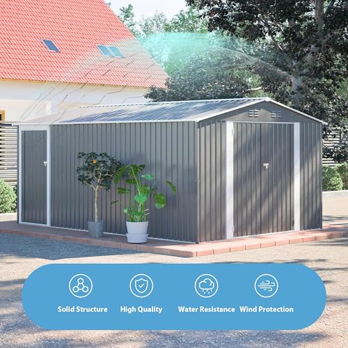 Image of YOPTO 10x14 FT Outdoor Storage Shed,Metal Shed W /Lockable Doors & Floor Frame,Garden Tool House W /Sloped Roof & 4 Air Vents,for Backyard Patio Lawn,Light Gray