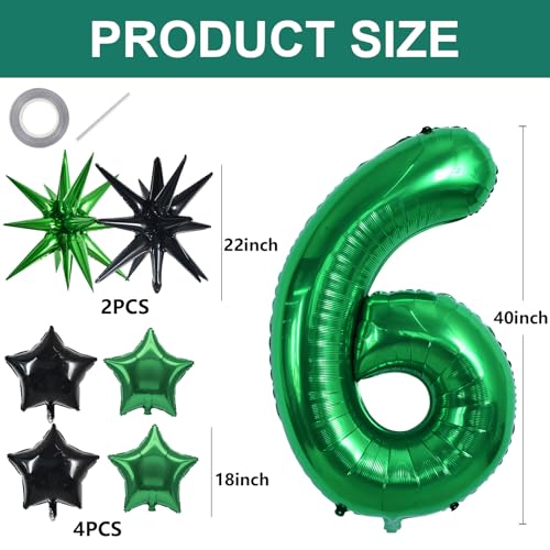Image of TONIFUL 6th Birthday Balloons 40 Inch Green Large Number 6 Foil Balloon 18 Inch Helium Mylar Heart Star Shaped Ballons for Boys Men Birthday Anniversary Graduation New Year Eve Party Decoration
